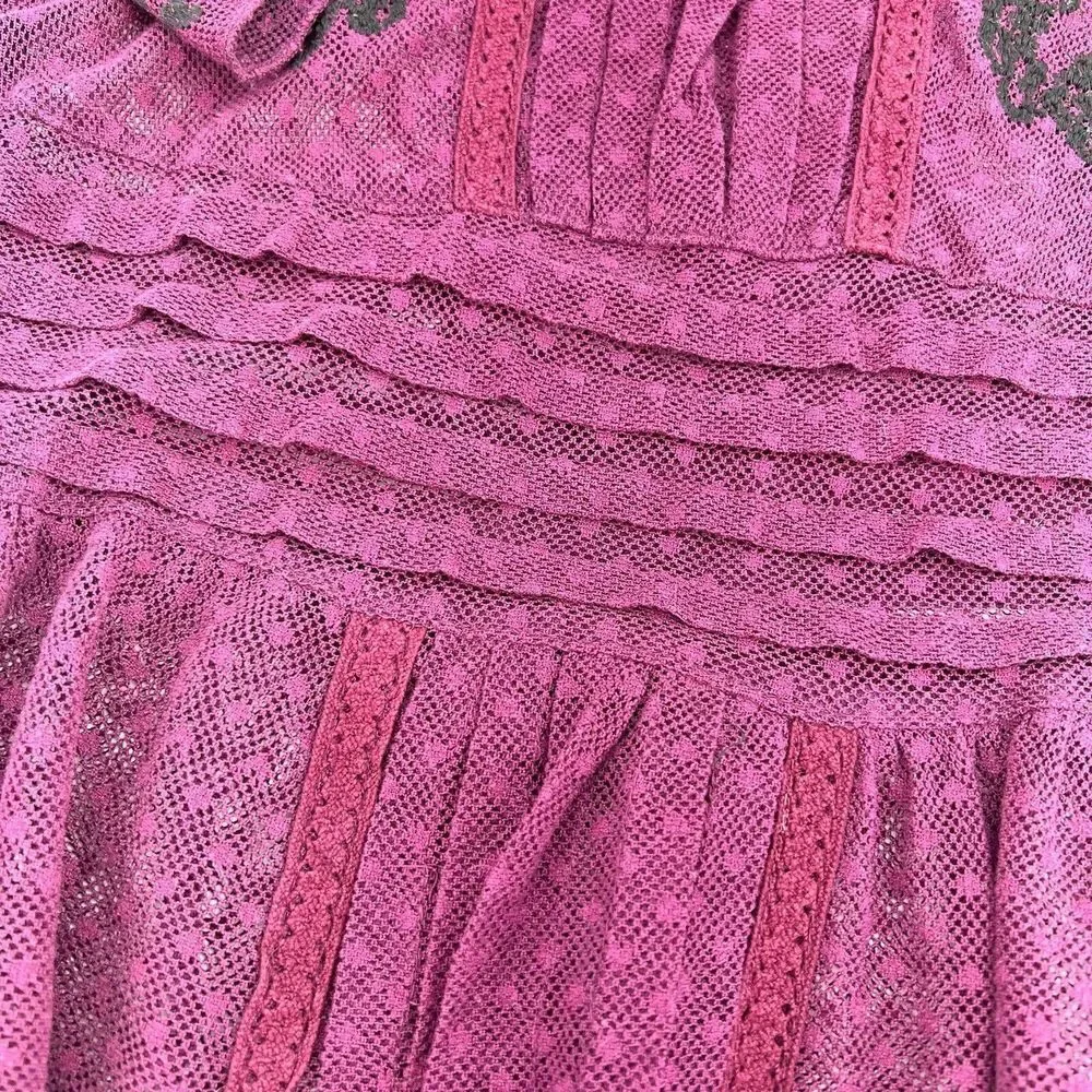 Free People FP Women's XS Plum Net Blouse Pleated Sheer Embroidered Bell Sleeve